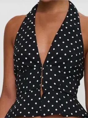 Princess Polly Navy Blue and White Polka Dot Halter One-Piece- size 10